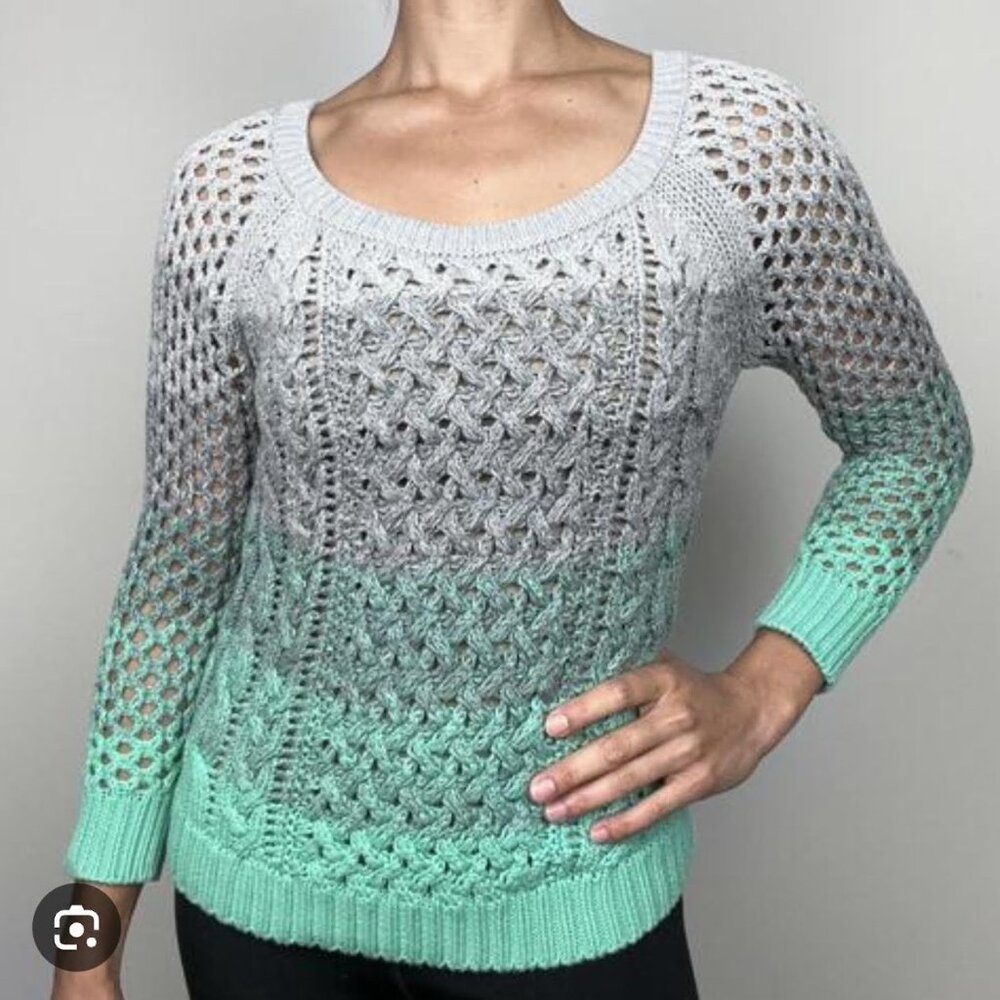 American Eagle Outfitters Gradient Teal + Gray Cotton Blend Open-Knit Sweater L